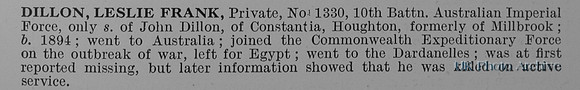 Dillon L F Pte 1330 10th Australian Imperial Force Obit