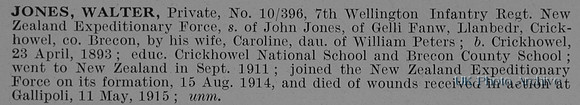 Jones W Pte 10/396 7th Wellington Infantry Reg NZEF Obit