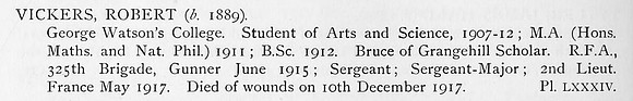 Vickers R 2nd Lt Royal Field Artillery Obit
