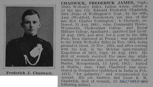Chadwick F J Captain Indian Army Obit