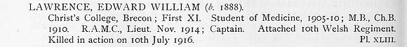 Lawrence E W Captain Royal Army Medical Corps Attd 10th Welsh Regiment Obit