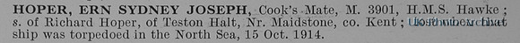 Hoper E S J Cooks Mate M3901 HMS Hawke Royal Navy Obit