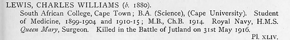 Lewis C W Surgeon HMS Queen Mary Royal Navy Obit