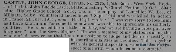 Castle J G Pte 2375 5th West Yorkshire Regiment Obit