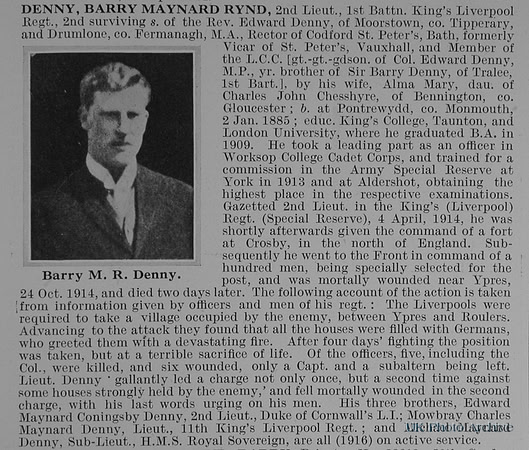 Denny B M R 2nd Lt 1st Kings Liverpool Regiment Obit