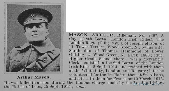 Mason A Rfn 2367 18th London Regiment Obit