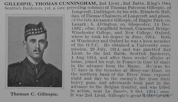 Gillespie T C 2nd Lt 2nd Kings Own Scottish Borderers Obit Part 1