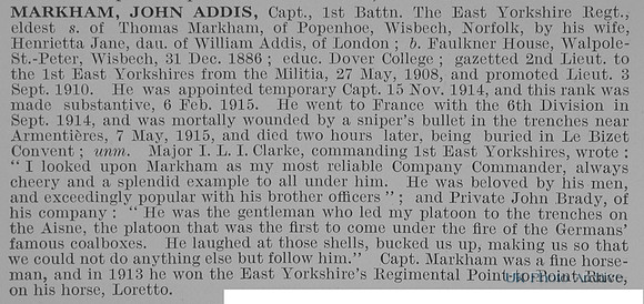 Markham J A Captain 1st East Yorkshire Regiment Obit