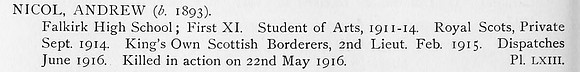 Nicol A 2nd Lt 6th Kings Own Scottish Borderers Obit