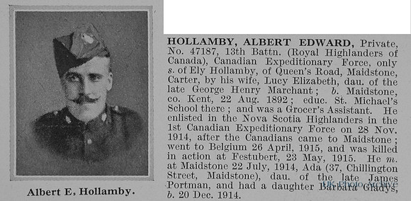 Hollamby A E Pte 47187 13th Canadian Expeditionary Force Obit