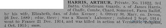 Harris A Pte 11622 3rd Coldstream Guards Obit