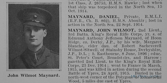 Maynard J W 2nd Lt 3rd Kings Royal Rifle Corps Obit