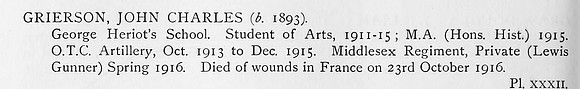 Grierson J C Pte G25287 16th Middlesex Regiment Obit