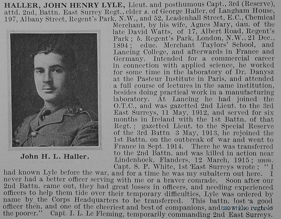 Haller J H L Lt 2nd East Surrey Regiment Obit Part 1