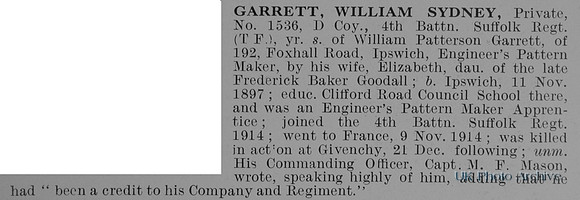 Garrett W S Pte 1536 4th Suffolk Regiment Obit