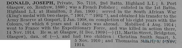 Donald J Pte 7118 2nd Highland Light Infantry Obit