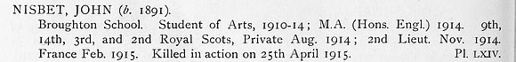 Nisbet J 2nd Lt 2nd Royal Scots Obit