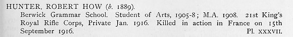 Hunter R H Pte 21st Kings Royal Rifle Corps Obit