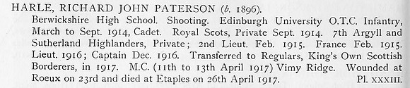 Harle R J P Captain MC KOSB Attd 7th Argyll And Sutherland Highlanders Obit