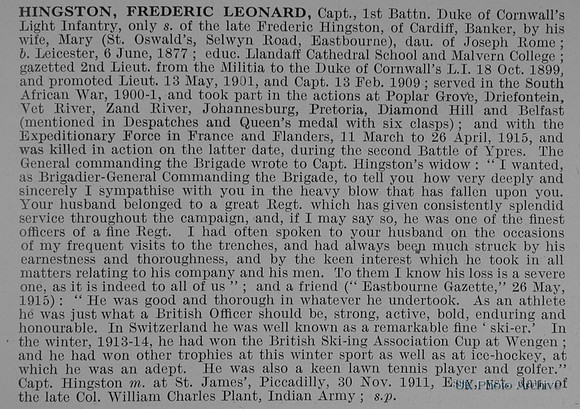 Hingston F L Captain 1st Duke Of Cornwalls Light Infantry Obit