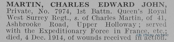 Martin C E J Pte 7974 1st Queens Royal West Surrey Regiment Obit