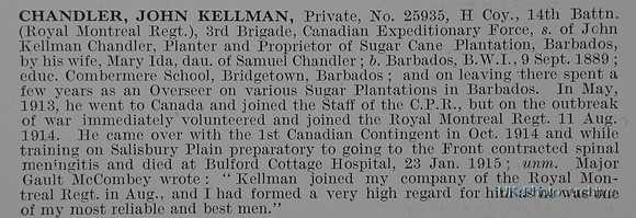 Chandler J K Pte 2593514th Canadian Expeditionary Force Obit