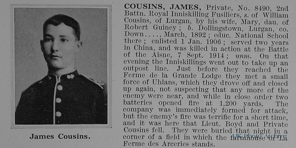 Cousins J Pte 8490 2nd Royal Inniskilling Fusiliers Obit