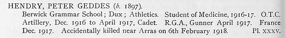 Hendry P G Gnr Royal Garrison Artillery Obit
