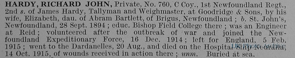 Hardy R J Pte 760 1st Newfoundland Regiment Obit