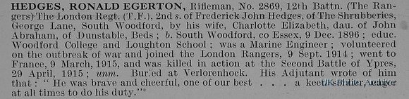 Hedges R E Rfn 2869 12th London Regiment Obit