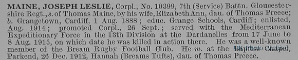 Maine J L Cpl 10399 7th Gloucestershire Regiment Obit