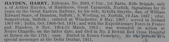 Hayden H Rfn 2083 1st Rifle Brigade Obit
