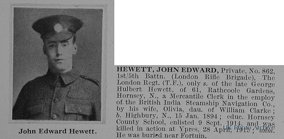 Hewett J E Pte 862 5th London Regiment Obit