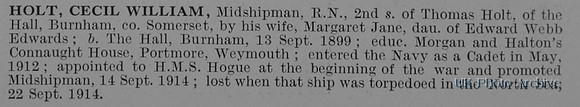 Holt C W Midshipman HMS Hogue Royal Navy Obit