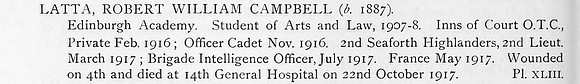Latta R W C 2nd Lt 2nd Seaforth Highlanders Obit