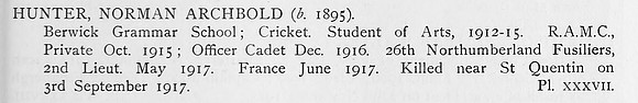 Hunter N A 2nd Lt 26th Northumberland Fusiliers Obit