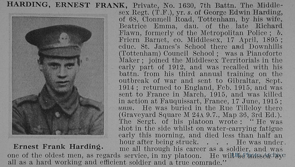 Harding E F Pte 1630 7th Middlesex Regiment Obit
