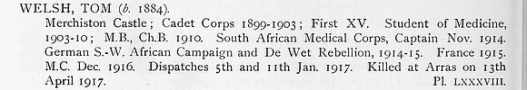 Welsh T Captain MC South African Medical Corps Obit