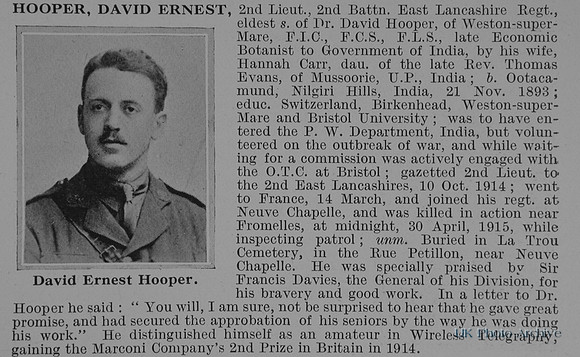 Hooper D E 2nd Lt 2nd East Lancs Regiment Obit