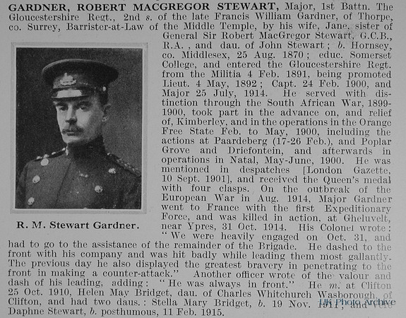Gardner R M S Major 1st Gloucestershire Regiment Obit
