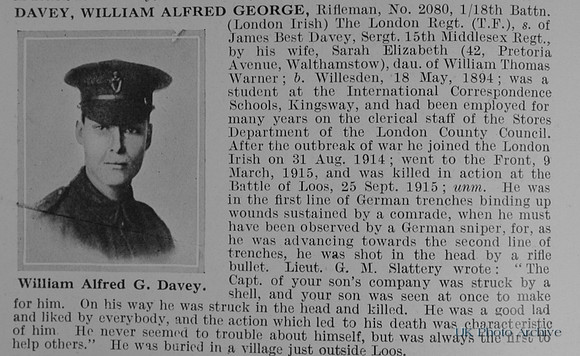 Davey W A G Rfn 2080 18th London Regiment Obit