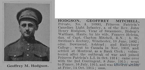 Hodgson G M Pte 10993 Princess Patricias Canadian Light Infantry Obit