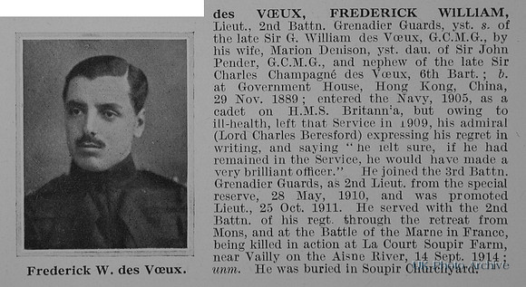 Des Voeux F W Lt 2nd Grenadier Guards Obit