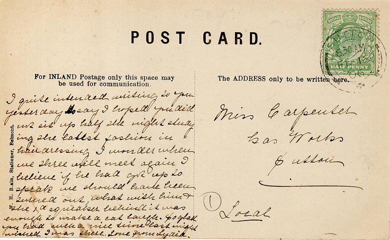 Postcard To Miss Carpenter Gas Works Sutton 1906 Sutton Postmark