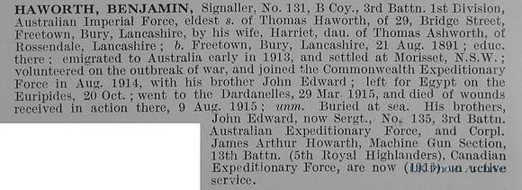 Haworth B Sig 131 3rd Australian Imperial Force Obit