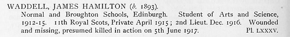 Waddell J H 2nd Lt 11th Royal Scots Obit