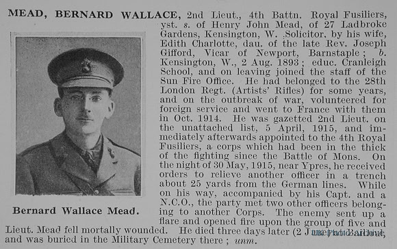 Mead B W 2nd Lt 4th Royal Fusiliers Obit