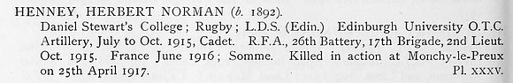 Henney H N 2nd Lt Royal Field Artillery Obit