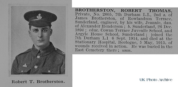 Brotherston R T Pte 2605 7th Durham Light Infantry Obit