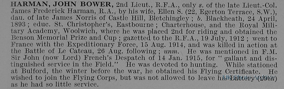Harman J B 2nd Lt Royal Field Artillery Obit